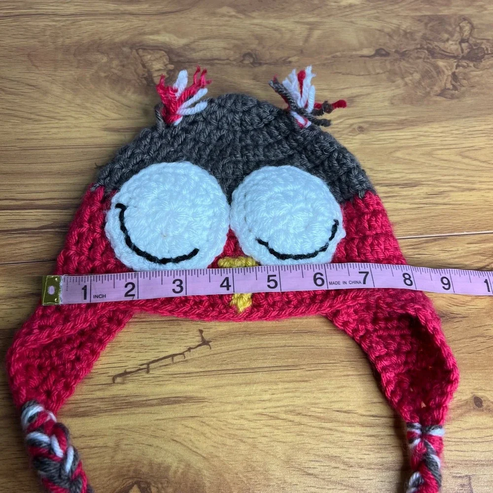 Crochet Owl Kids Beanie Winter Hat Braided Ties Warm‎ Knit Cap See Measurements
